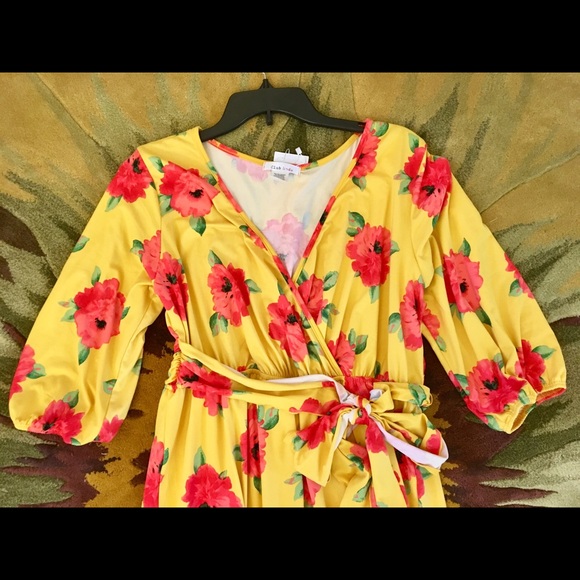 Yellow Spring Maxi Dress Floral 3/4 Sleeves 1X - Picture 3 of 7
